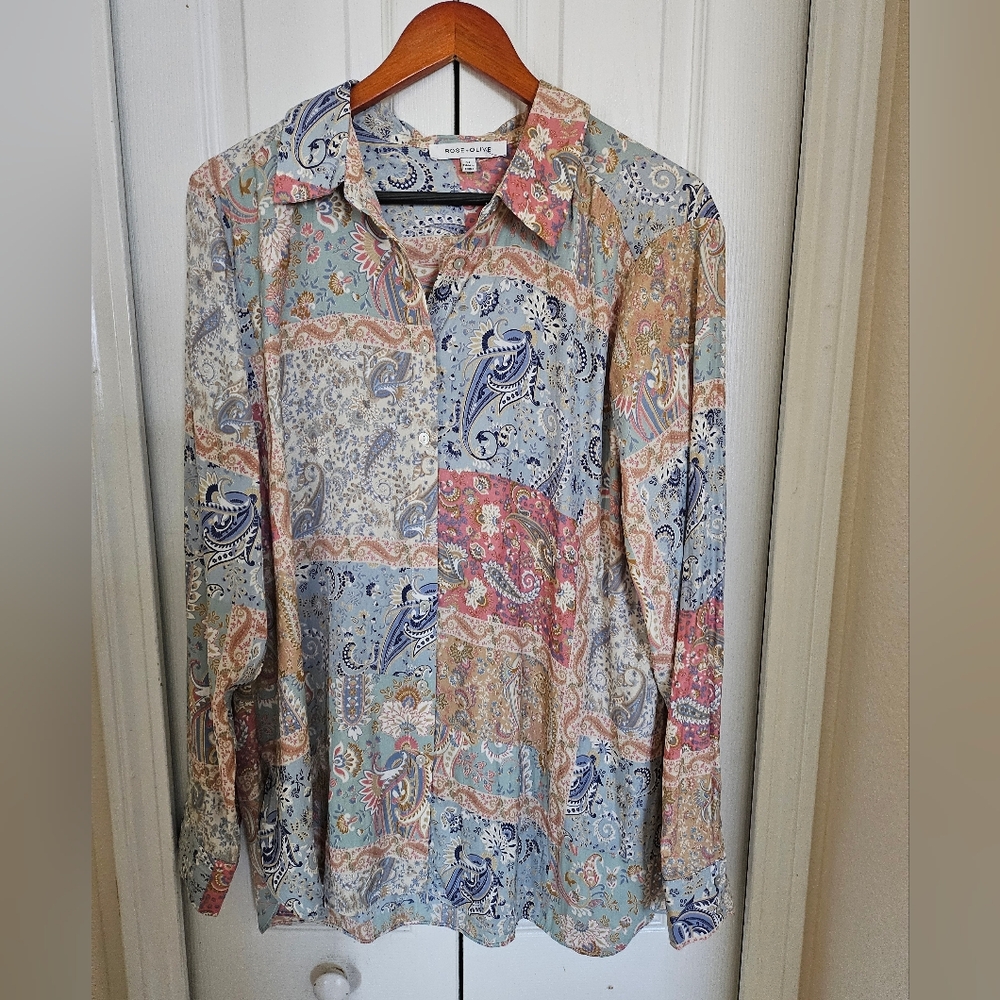 Rose + Olive Paisley Patchwork Button Down Blouse… - image 5
